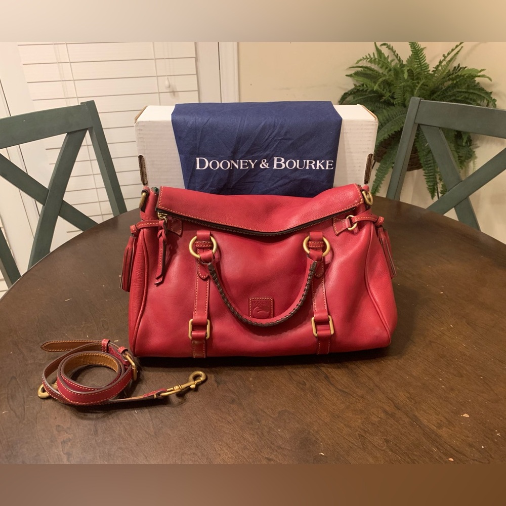 Dooney & Bourke Red Berry Large Florentine Leather Tasseled Satchel Bag